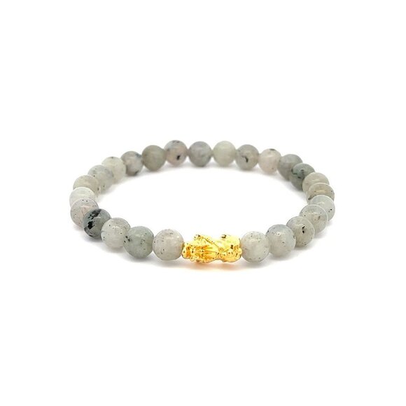 18K Gold Pixiu Piyao Bracelet Elastic Natural Gemstones Labradorite 6mm - Picture 1 of 5